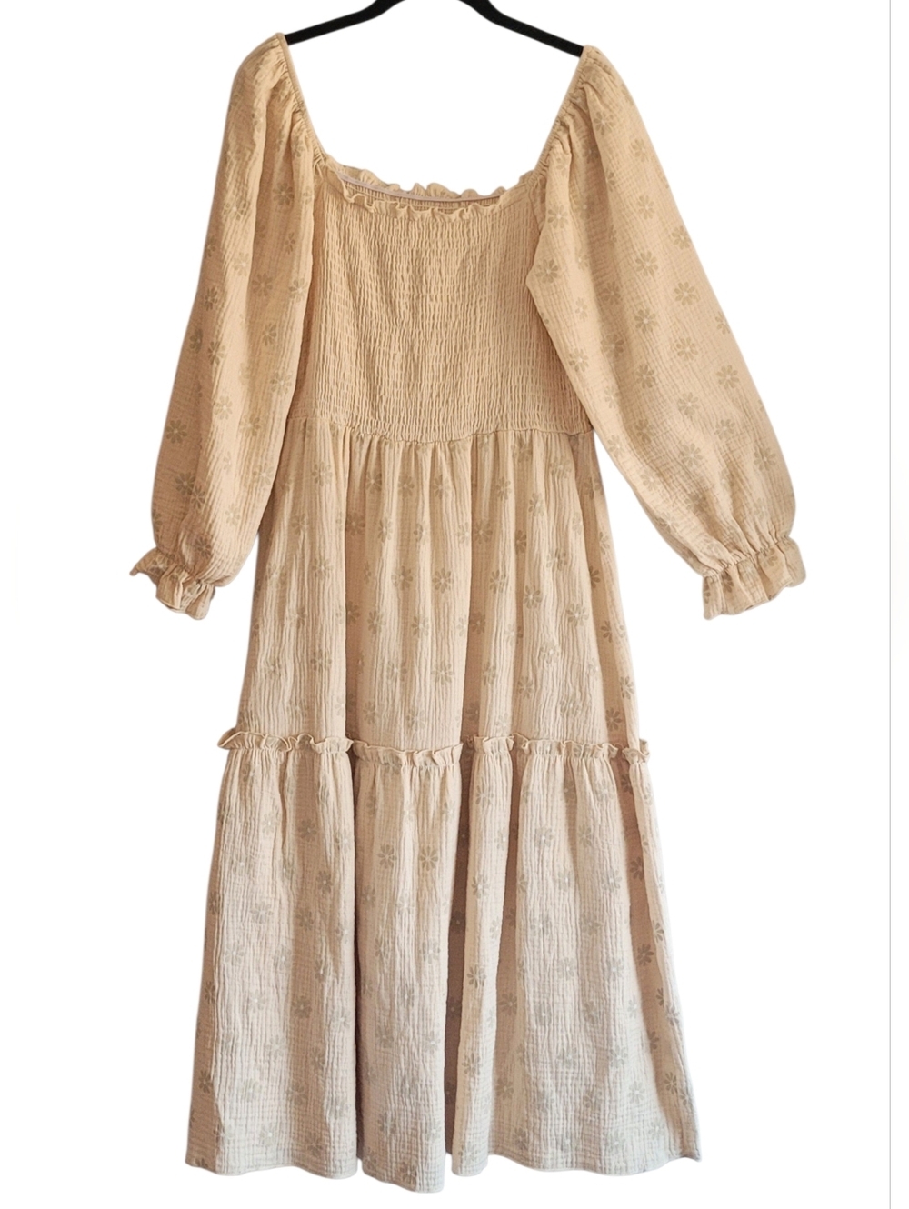 Womens XL Cotton Daisies Long Puff Sleeves Square Neck Smocked Tiered Midi Dress